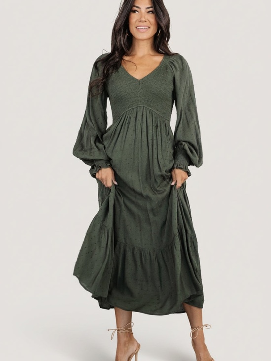 Baltic Born Lainey Smocked Dotted Midi Dress | Deep Olive Size SS - Picture 5 of 5